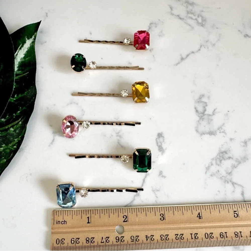 Colorful Rhinestone Gold Bobby Pin 6 pc Oval Rectangle Clip Hair Accessory NEW